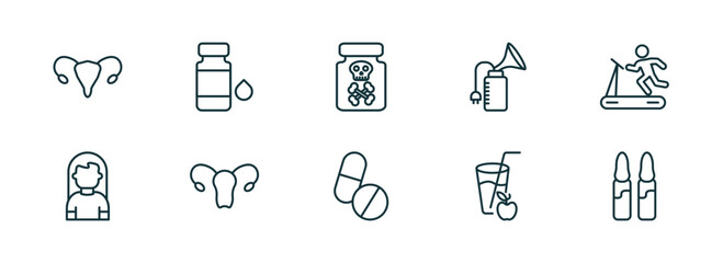 set of 10 linear icons from health and medical concept. outline icons such as uterus, syrup, poisonous, pills, juice, ampoule vector