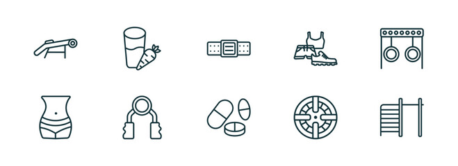 set of 10 linear icons from gym and fitness concept. outline icons such as simulator for press, vegetables juice, athletic strap, pill and tablet, iron shoot, tightening bar vector