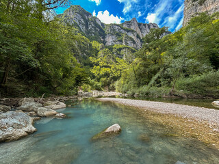 VIew of sulfur spring of river Sentino near Grotte di Frasassi, Marche region, Italy