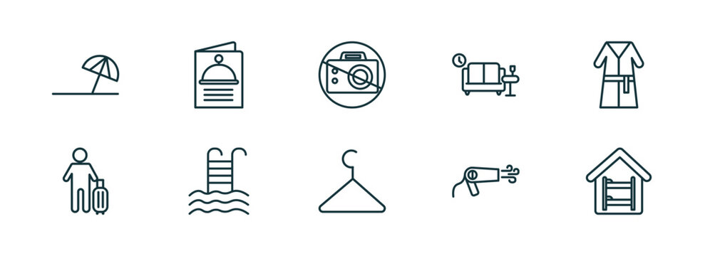 set of 10 linear icons from hotel and restaurant concept. outline icons such as beach umbrella, menu, no pictures, checkroom, hairdryer, hostel vector