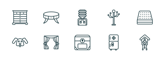 set of 10 linear icons from furniture & household concept. outline icons such as chest of drawers, coffee table, water dispenser, chest, fridge, cuckoo clock vector
