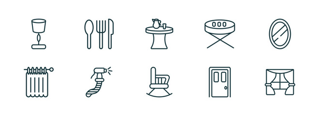 set of 10 linear icons from furniture & household concept. outline icons such as lamps, silverware, kitchen table, rocking chair, door, window vector
