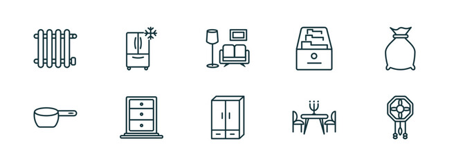 set of 10 linear icons from furniture & household concept. outline icons such as radiator, refrigerator, living room, cupboard, dinner table, adornment vector