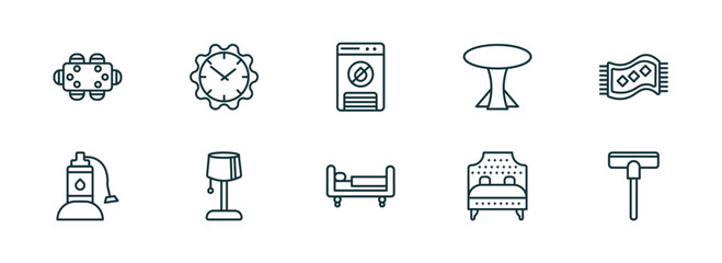 set of 10 linear icons from furniture & household concept. outline icons such as dining table, wall clock, dehumidifier, daybed, headboard, carpet sweeper vector