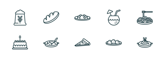 set of 10 linear icons from food concept. outline icons such as fodder, loaf of bread, yusheng, italian, mantou, fuqi feipian vector