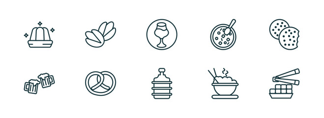set of 10 linear icons from food concept. outline icons such as jelly, pistachio, drinking zone, water container, dandan noodles, fried tofu curd balls vector