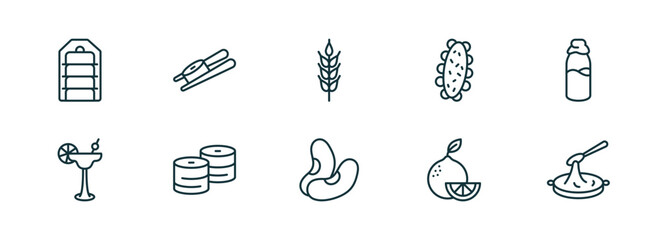 set of 10 linear icons from food and restaurant concept. outline icons such as tiffin, sushi and chopsticks, ear of wheat, bean, citrus fruits, black sesame soup vector © Farahim