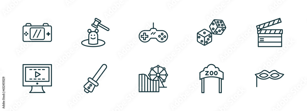 Poster set of 10 linear icons from arcade concept. outline icons such as handheld game, whack a mole, super