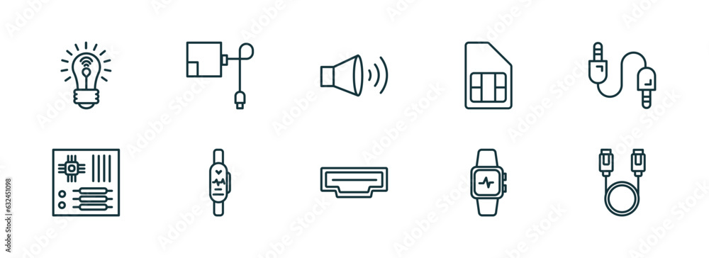 Poster set of 10 linear icons from electronic devices concept. outline icons such as smart light, magsafe, 