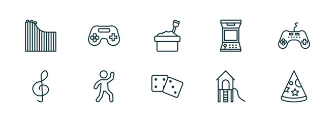 set of 10 linear icons from arcade concept. outline icons such as roller coaster, game console, sandbox, board games, playground, party hat vector