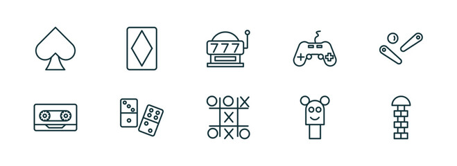 set of 10 linear icons from entertainment concept. outline icons such as ace of spades, diamond ace, slot hine, tic tac toe, puppet show, hopscotch vector