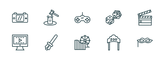 set of 10 linear icons from arcade concept. outline icons such as handheld game, whack a mole, super, amusement park, zoo, masquerade vector - obrazy, fototapety, plakaty