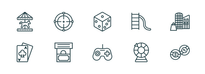 set of 10 linear icons from arcade concept. outline icons such as carousel horse, shooting game, dice, joystick, lottery game, billiards vector © Farahim