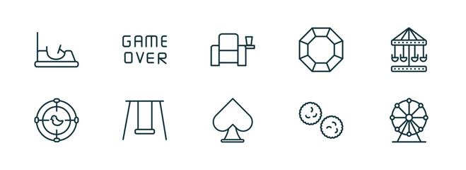 Fototapeta premium set of 10 linear icons from arcade concept. outline icons such as bumper car, game over, cinema seat, spades, pom pom, ferris wheel vector