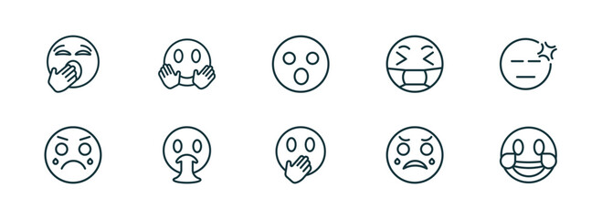 set of 10 linear icons from emoji concept. outline icons such as yawning emoji, hugging emoji, surprised hand over mouth crying laugh vector