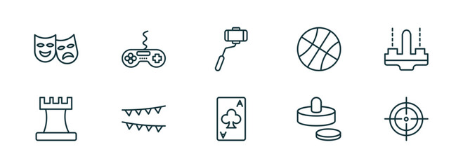 set of 10 linear icons from arcade concept. outline icons such as theater, game, selfie stick, ace of clubs, air hockey, shooter vector