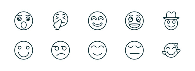 set of 10 linear icons from emoji concept. outline icons such as shocked emoji, sneezing emoji, drool blushing pensive in love vector