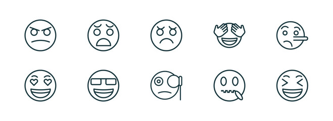 set of 10 linear icons from emoji concept. outline icons such as angry emoji, anguished emoji, annoyed monocle muted laughing vector