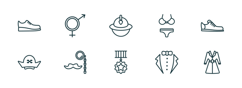 set of 10 linear icons from fashion concept. outline icons such as one shoe, unisex, firefighter hat, star medal, tux, women coat vector