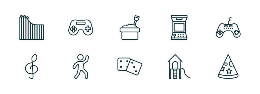 set of 10 linear icons from arcade concept. outline icons such as roller coaster, game console, sandbox, board games, playground, party hat vector