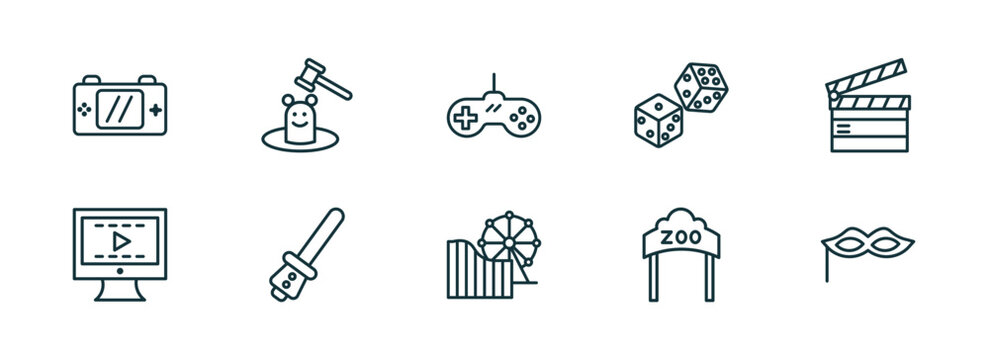 set of 10 linear icons from arcade concept. outline icons such as handheld game, whack a mole, super, amusement park, zoo, masquerade vector