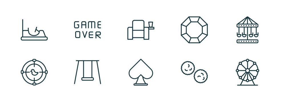 set of 10 linear icons from arcade concept. outline icons such as bumper car, game over, cinema seat, spades, pom pom, ferris wheel vector