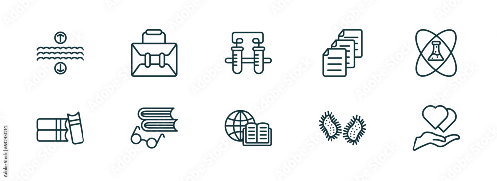 Aufkleber set of 10 linear icons from education concept. outline icons such as archimedes principle, case, com