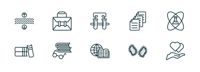 set of 10 linear icons from education concept. outline icons such as archimedes principle, case, communicating vessels, international studies, parasites, hand care vector - obrazy, fototapety, plakaty