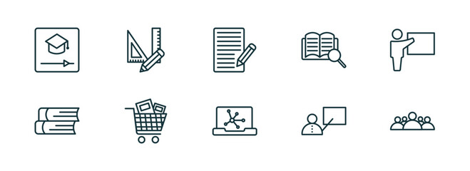 set of 10 linear icons from education concept. outline icons such as educational video, measuring tools, application form, science in a laptop, teacher with stick, group of people vector