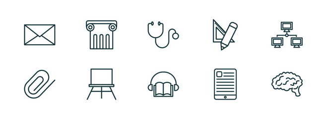 set of 10 linear icons from education concept. outline icons such as closed envelope, greek pillar, cardiology tool, audio book, tactile tablet, human brain vector