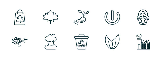 set of 10 linear icons from ecology concept. outline icons such as recycled bag, m leaf, plant on a hand, recycle bin, two leaves, eco factory vector