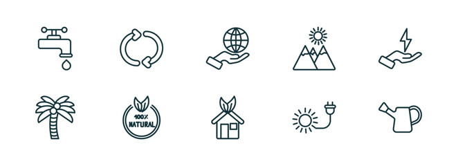 set of 10 linear icons from ecology concept. outline icons such as water tap, recycle arrows, globe on hand, ecological house, solar plug, watering can vector