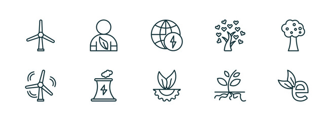 set of 10 linear icons from ecology concept. outline icons such as wind mill, eco volunteer, energy globe, eco industry, plant and root, eco e vector