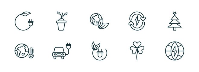 set of 10 linear icons from ecology concept. outline icons such as bio energy, eco plant, ecology, green energy, shamrock, eco energy power vector