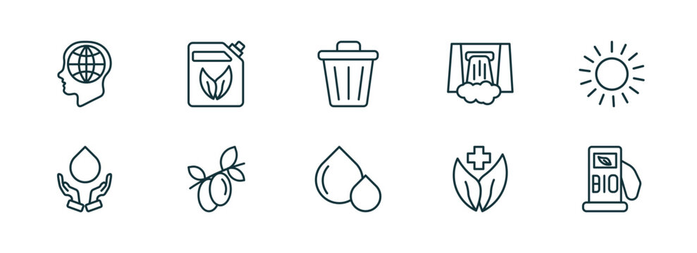 set of 10 linear icons from ecology concept. outline icons such as awareness, bio fuel, dust bin, oil drops, natural product, biofuel vector - Powered by Adobe