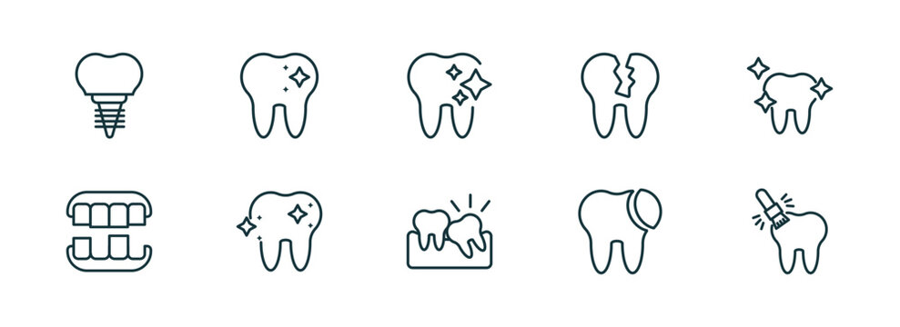 set of 10 linear icons from dentist concept. outline icons such as dental prosthesis, dentist, tooth whitening, wisdom tooth, tooth filling, sealants vector