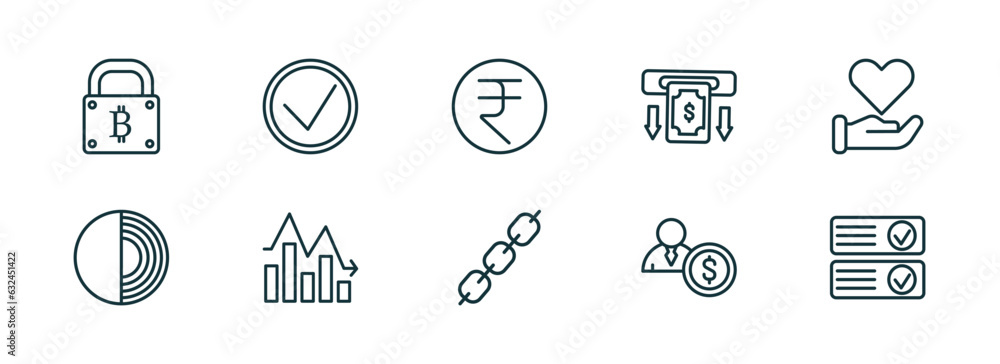 Poster set of 10 linear icons from cryptocurrency concept. outline icons such as bitcoin encryption, real, 