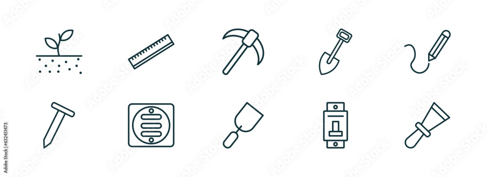 Poster set of 10 linear icons from construction tools concept. outline icons such as soil, school ruler, pi