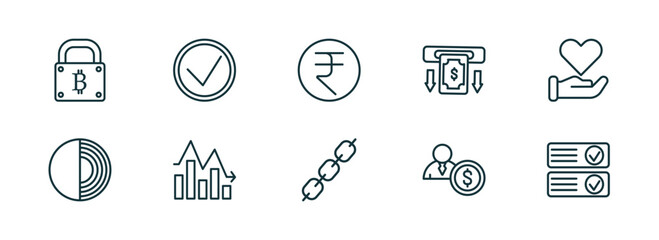 set of 10 linear icons from cryptocurrency concept. outline icons such as bitcoin encryption, real, rupee, chains, investor, crypto records vector