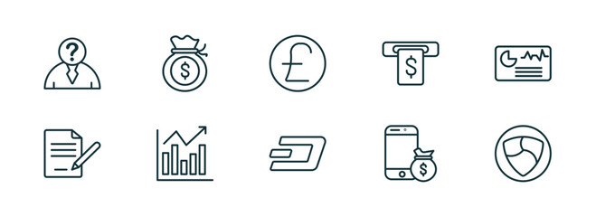 set of 10 linear icons from cryptocurrency concept. outline icons such as anonymity, income, pound sterling, dash, e-business, nem vector - obrazy, fototapety, plakaty