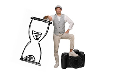 Happy male professional photographer with modern digital camera on white background, photo collage, a man holds his foot on the camera and leans on the symbol of time, hourglass