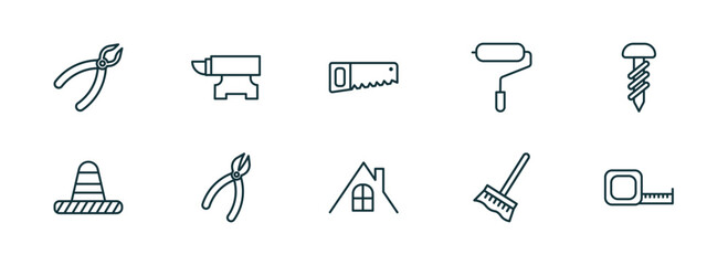 set of 10 linear icons from construction tools concept. outline icons such as repair pliers, anvil, saw, roof, cleaning mop, open scale vector