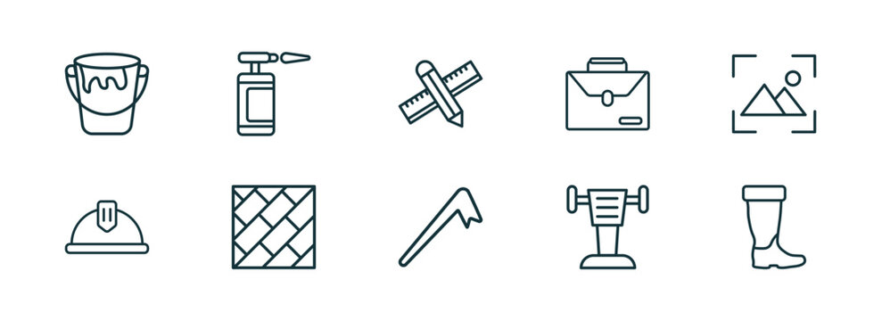 set of 10 linear icons from construction tools concept. outline icons such as open paint bucket, blowtorch, pencil and ruler, crowbar, rammer, rubber boots vector