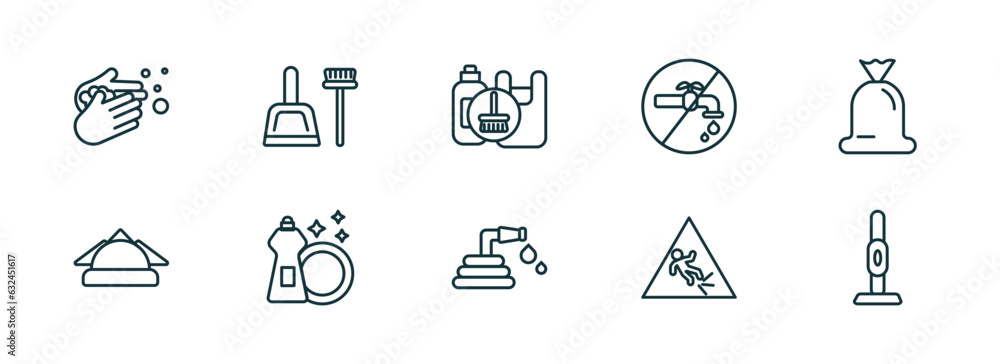 Poster set of 10 linear icons from cleaning concept. outline icons such as hand washing, dustpan, garbage c