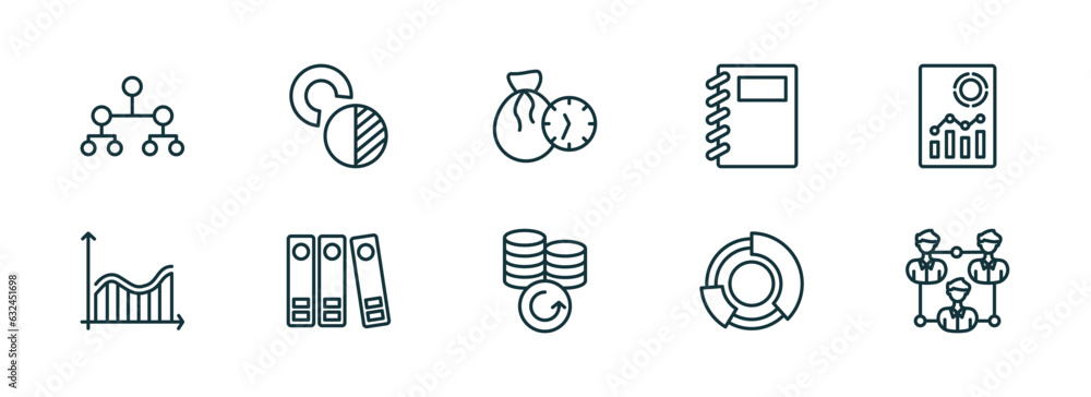 Poster set of 10 linear icons from business and analytics concept. outline icons such as hierarchy, value c