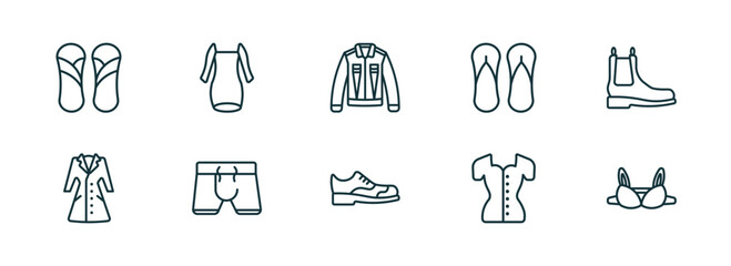 set of 10 linear icons from clothes collection. concept. outline icons such as sandals, long sleeveless dress, denim shirt, leather derby shoe, blouse, bra vector