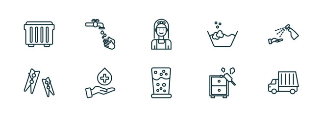 set of 10 linear icons from cleaning concept. outline icons such as dumpster, hands cleanin, charwoman, emulsion, dusting, garbage truck cleanin vector