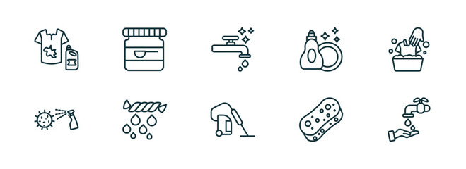 set of 10 linear icons from cleaning concept. outline icons such as stain remover, baking soda, faucet cleanin, hoover, sponges, hand wash vector