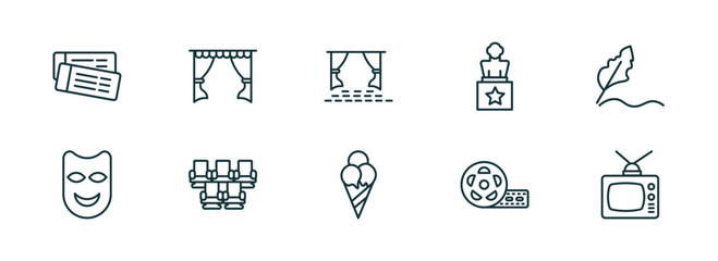 set of 10 linear icons from cinema concept. outline icons such as tickets, cinema curtains, cinema screen, stripped ice cream cone, big film roll, television with antenna vector