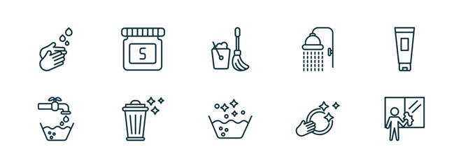 set of 10 linear icons from cleaning concept. outline icons such as washing hand, solvent, mop, soak, washing dishes, window cleaner vector